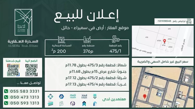 أرض للبيع في شارع عمر ابن الخطاب, حي المملكة, مدينة سميراء, منطقة حائل