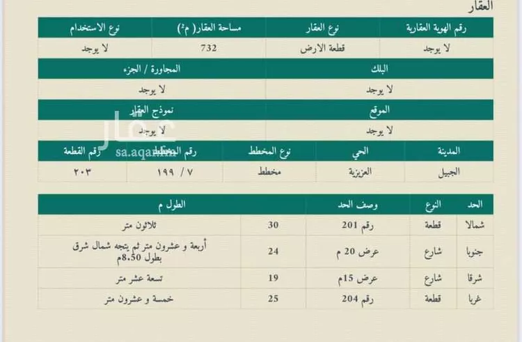 أرض للبيع في شارع غرناطة 291 ، حي الحمراء ، الجبيل ، الجبيل