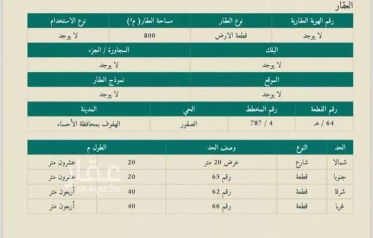 أرض للبيع في شارع الشعبة, حي الصقور, مدينة الاحساء, المنطقة الشرقية