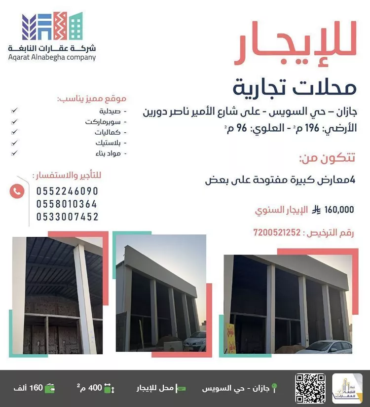 محل للإيجار في شارع شارع الامير ناصر بن عبد العزيز, حي الرحاب 1, مدينة جازان, منطقة جازان صورة 2