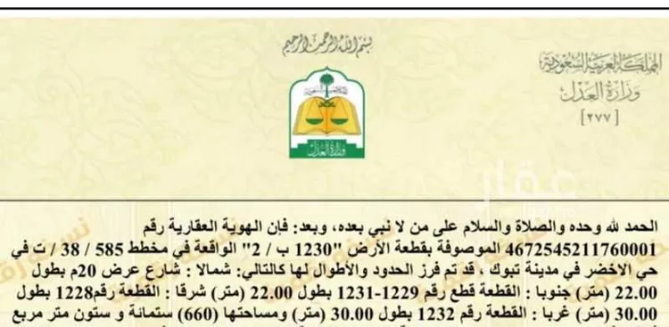 أرض للبيع في شارع غزوة الرجيع, حي الأخضر, مدينة تبوك, منطقة تبوك صورة 2