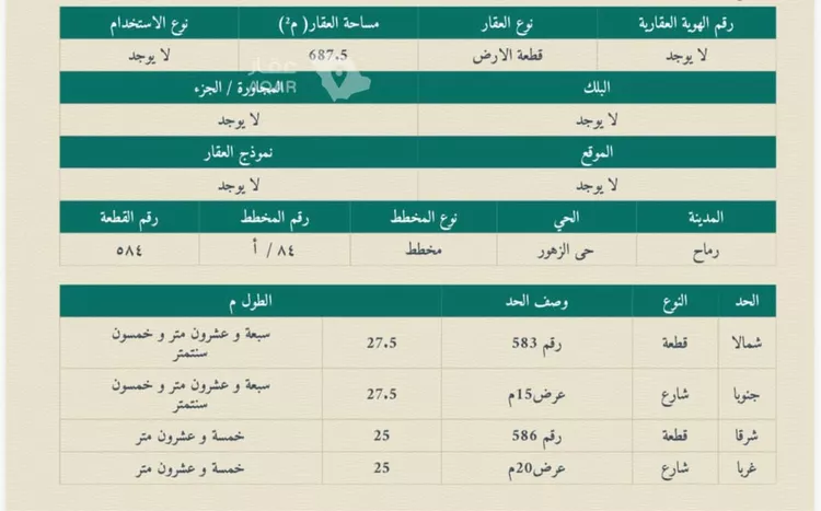 أرض للبيع في شارع النِّبيه, حي الزهور, مدينة رماح, منطقة الرياض