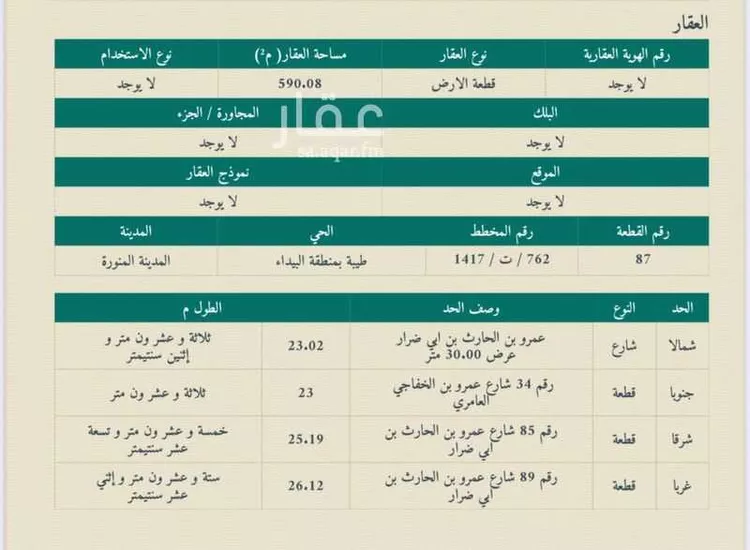 أرض للبيع في شارع عمرو بن الحارث بن ابي ضرار, حي طيبة, مدينة المدينة المنورة, منطقة المدينة المنورة