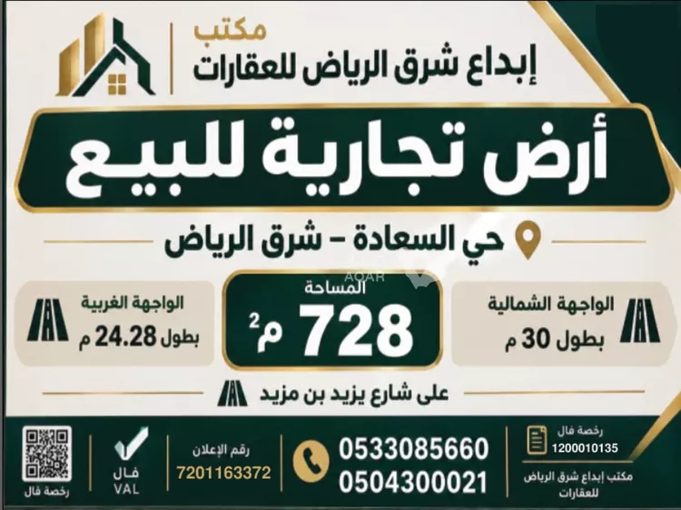 أرض للبيع في شارع يزيد بن مزيد الشيباني, حي السعادة, مدينة الرياض, منطقة الرياض 2