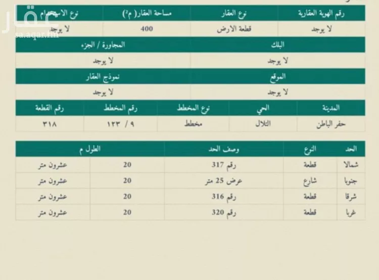 أرض للبيع في شارع حمزة بن عبدالمطلب, حي التلال, مدينة حفر الباطن, المنطقة الشرقية صورة 2