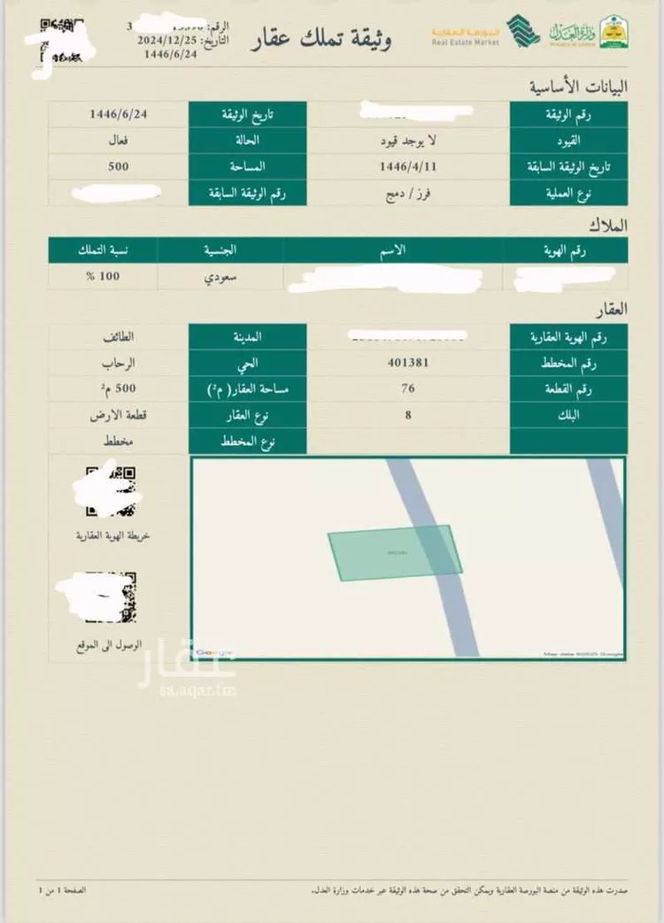أرض للبيع في شارع رحاب, حي الرحاب, مدينة امارة منطقة مكة المكرمة - الطائف, منطقة مكة المكرمة صورة 2