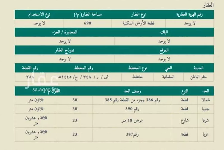 أرض للبيع في هجرة فهيد اللغيصم ، حفر الباطن