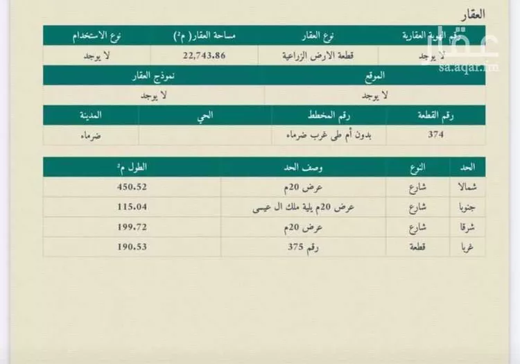 أرض للبيع في شارع غرب ضرما, حي مزارع العلاوه وماحولها, مدينة مزارع العلاوه وماحولها, منطقة الرياض