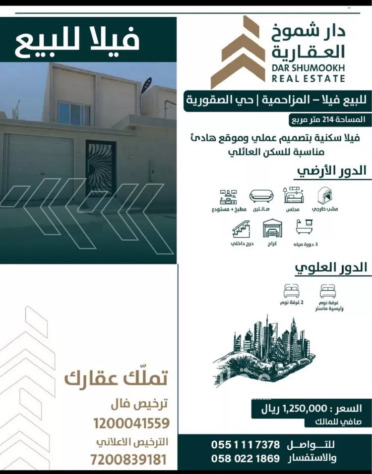 فيلا للبيع في شارع شارع سعيد بن ثابت, حي الصقورية, مدينة المزاحمية, منطقة الرياض