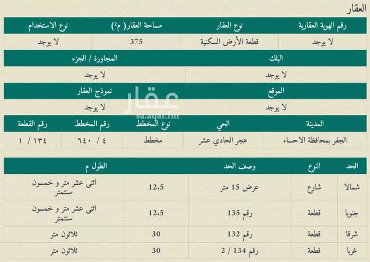أرض للبيع في شارع احمد بن الصيرفي, حي هجر الحادي عشر, مدينة الاحساء, المنطقة الشرقية