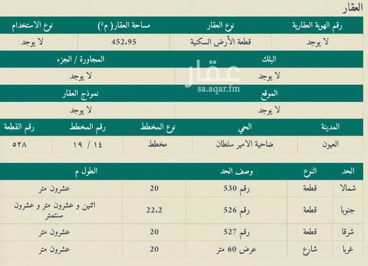 أرض للبيع في شارع الظهران, حي ضاحية الامير سلطان الشمالية, مدينة العيون, المنطقة الشرقية