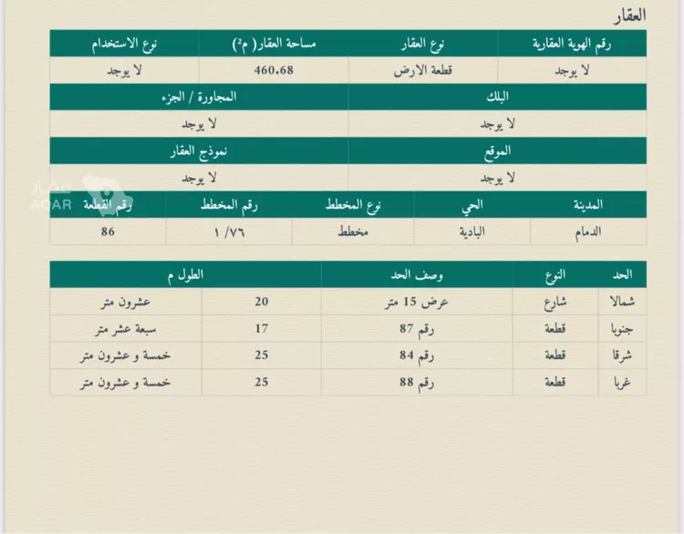 أرض للبيع في شارع عمران ابن حصين, حي البادية, مدينة الدمام, المنطقة الشرقية