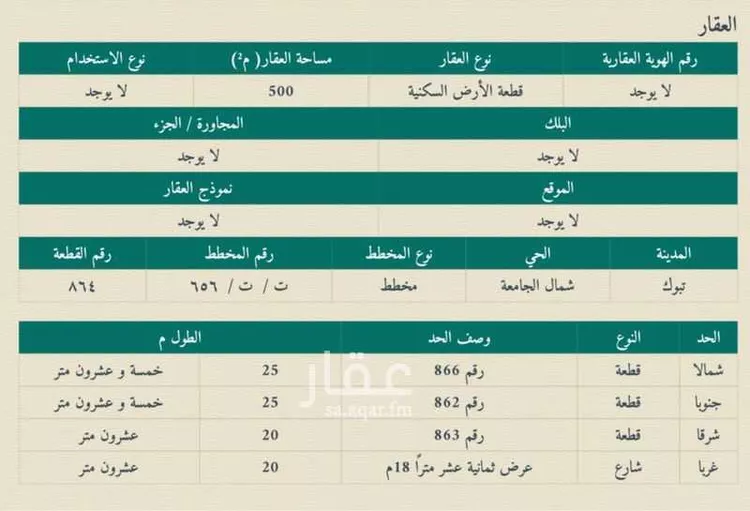 أرض للبيع في شارع سرية الخباب, حي شمال الجامعة, مدينة تبوك, منطقة تبوك صورة 2