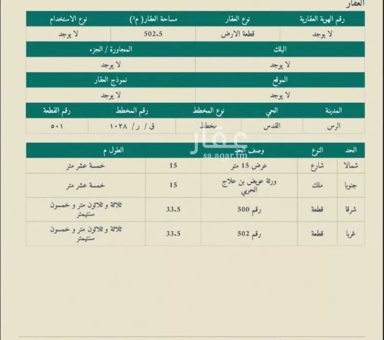 أرض للبيع في شارع الرس 482, حي القدس, مدينة الرس, منطقة القصيم