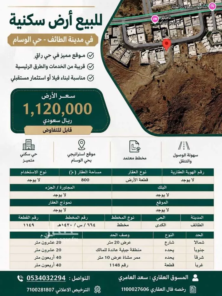 أرض للبيع في شارع عاصم بن عدي(رضي الله عنه), حي أم الرصف, مدينة الطائف, منطقة مكة المكرمة