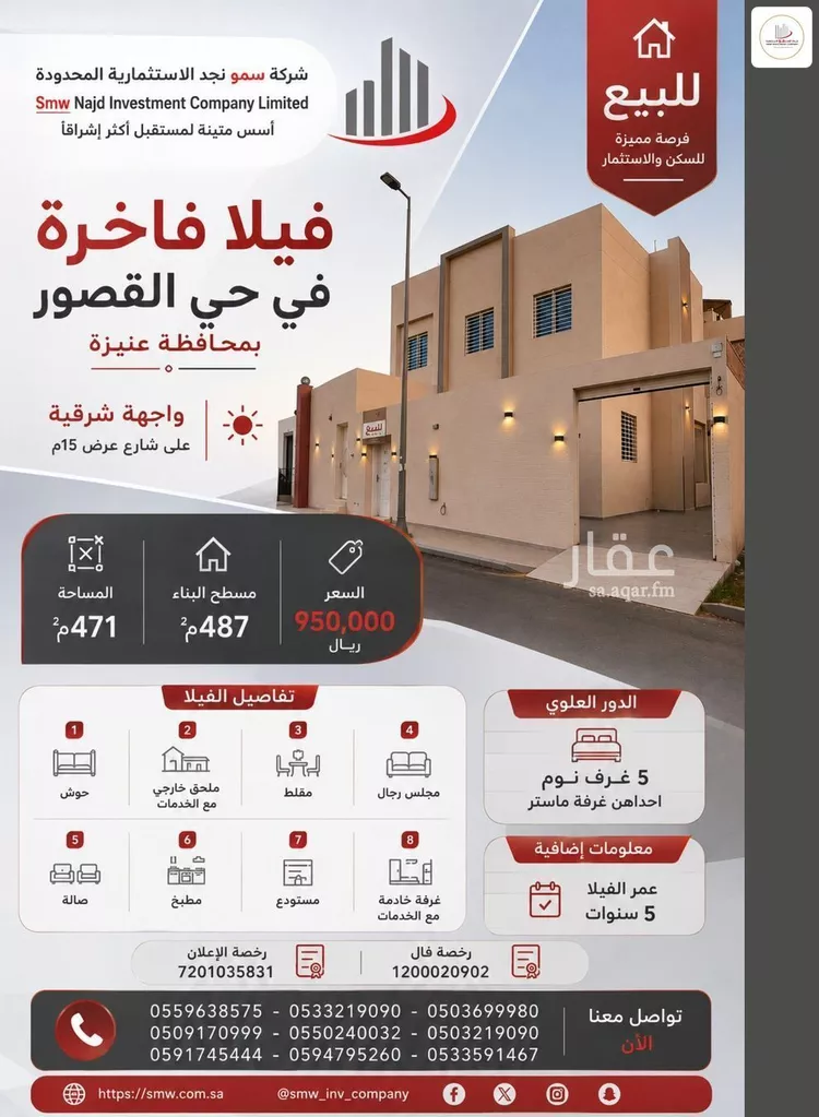 فيلا للبيع في شارع اسماعيل بن امية, حي الرمال, مدينة عنيزة, منطقة القصيم