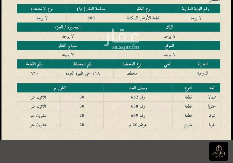 أرض للبيع في شارع ظهره العودة غرب 31, حي ظهره العودة غرب, مدينة الدرعية, منطقة الرياض