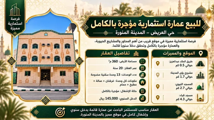 عمارة للبيع في شارع عبدالصمد ابن منصور, حي العريض, مدينة المدينة المنورة, منطقة المدينة المنورة