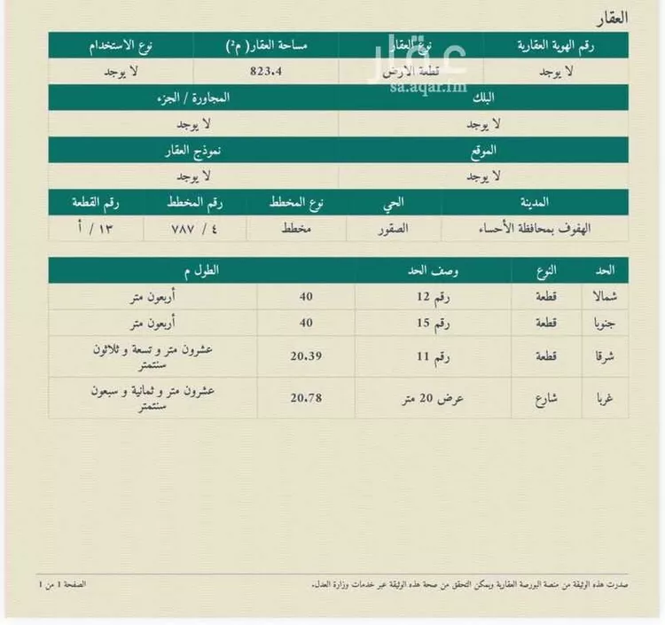 أرض للبيع في شارع عباد بن بشر الاشهل ، حي الصقور ، الهفوف‎ ، الاحساء صورة 2