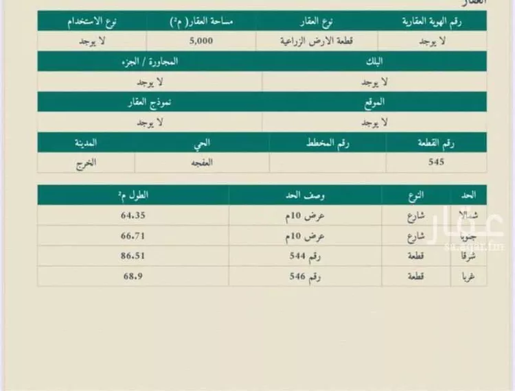أرض للبيع في شارع البيت الحرام, حي العفجه, مدينة الخرج, منطقة الرياض