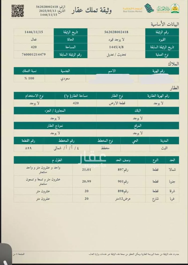 أرض للبيع في شارع ابي زكريا الحفصي ، الليث ، الليث