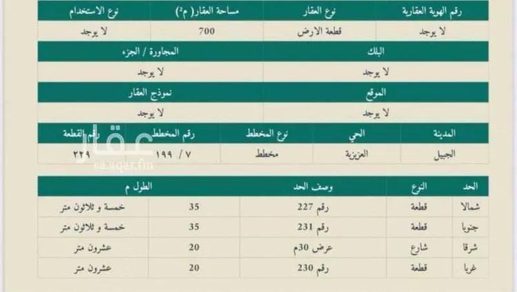 أرض للبيع في شارع العزيزية 43, حي العزيزية, مدينة الجبيل, المنطقة الشرقية