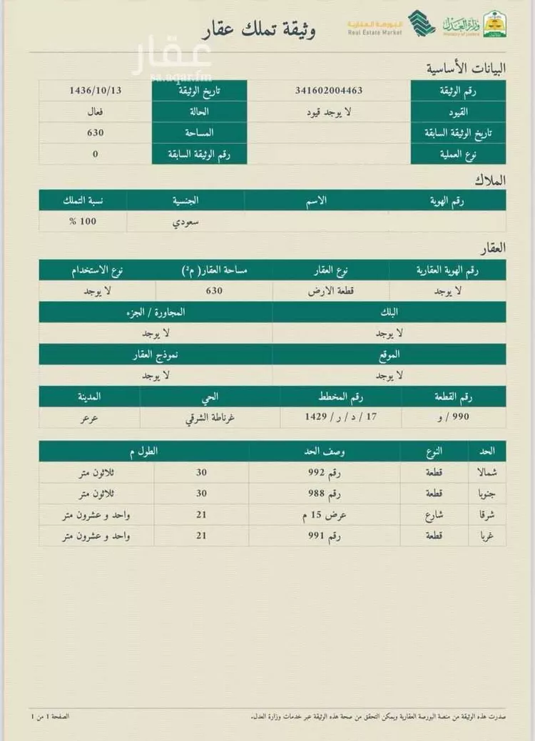 أرض للبيع في شارع العذار, حي غرناطة الغربي, مدينة عرعر, منطقة الحدود الشماليه
