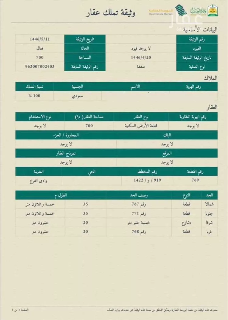 أرض للبيع في حي مخطط وادي  الفرع, مدينة وادي  الفرع, منطقة المدينة المنورة
