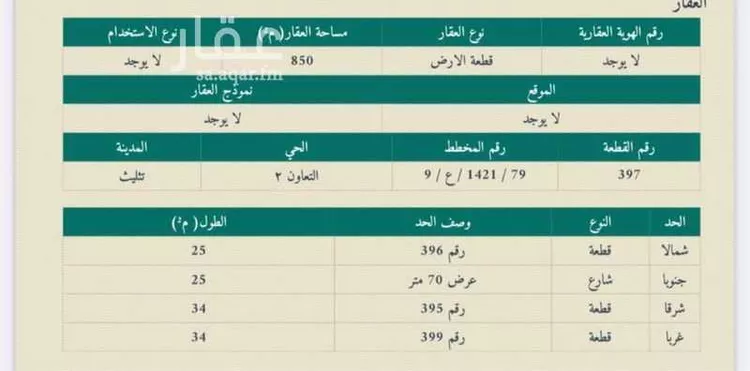 أرض للبيع في شارع طريق الملك فهد, حي التعاون, مدينة تثليث, منطقة عسير