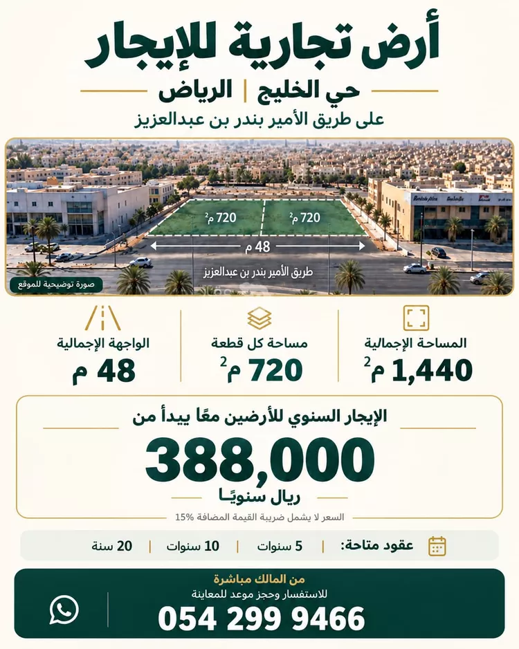 أرض للإيجار في شارع الامير بندر بن عبدالعزيز, حي الخليج, مدينة الرياض, منطقة الرياض