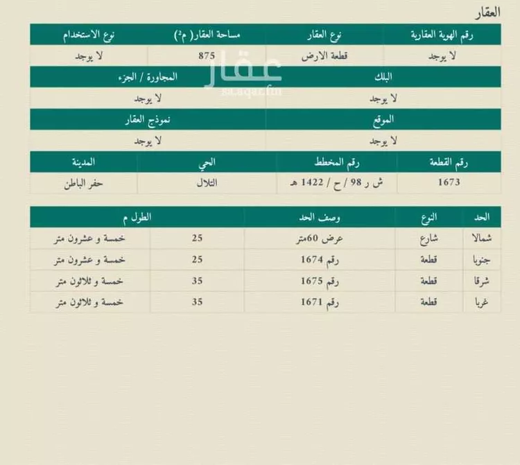 أرض للبيع في شارع حذيفه بن اليمان, حي التلال, مدينة حفر الباطن, المنطقة الشرقية