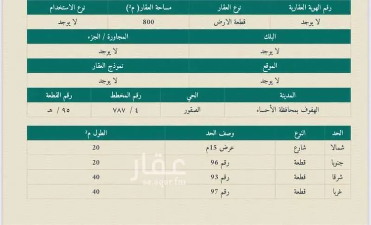أرض للبيع في شارع 5439763, حي الصقور, مدينة الاحساء, المنطقة الشرقية