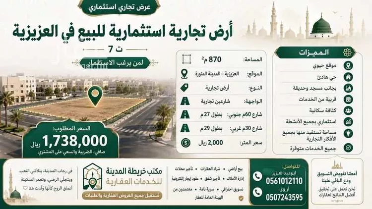 أرض للبيع في شارع سعد بن ابي ذباب الحجازي, حي العزيزية, مدينة المدينة المنورة, منطقة المدينة المنورة