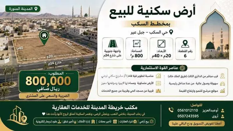 أرض للبيع في شارع عبدالله ابن الحسين, حي السكب, مدينة المدينة المنورة, منطقة المدينة المنورة