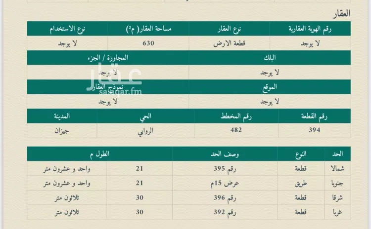 أرض للبيع في شارع داخلي, حي الروابي, مدينة جازان, منطقة جازان صورة 2