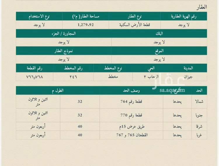 أرض للبيع في شارع شارع 139 أ, حي الرحاب 2, مدينة جازان, منطقة جازان صورة 2