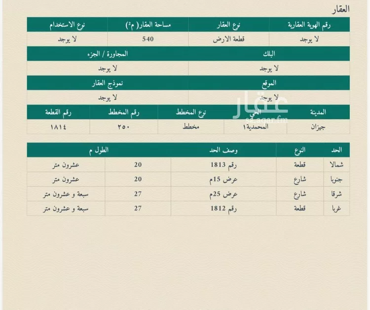 أرض للبيع في شارع شارع شهيد الدين ثم الوطن مصطفى احمد محمد كرتان, حي المحمدية 1, مدينة جازان, منطقة جازان صورة 4