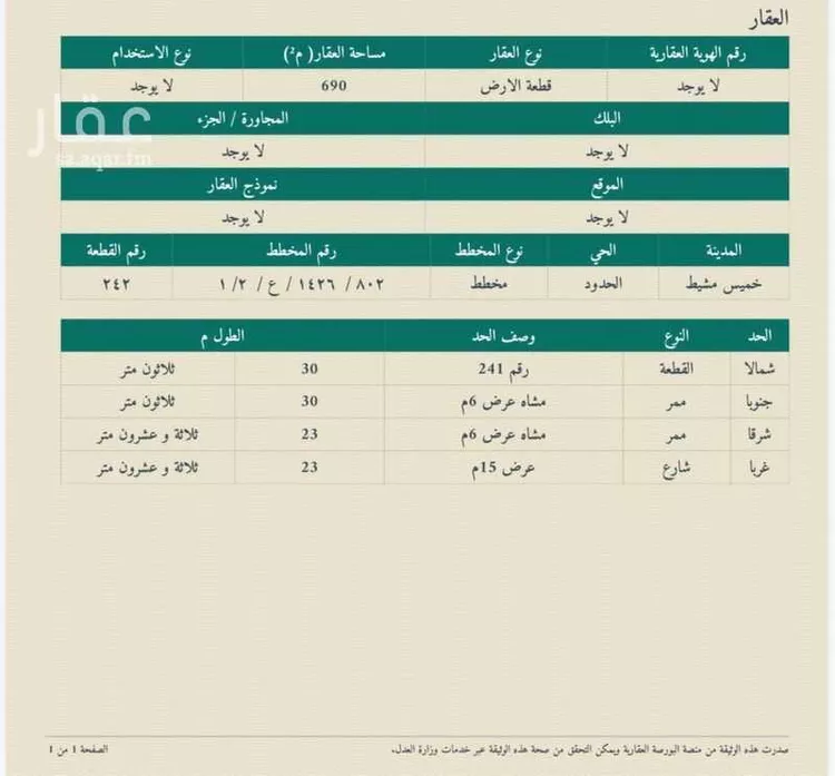 أرض للبيع في شارع خالد السدوسي ، حي وسط تندحة ، تندحة ، خميس مشيط