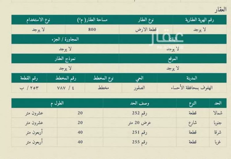 أرض للبيع في شارع النسور ، حي الصقور ، الهفوف‎ ، الاحساء