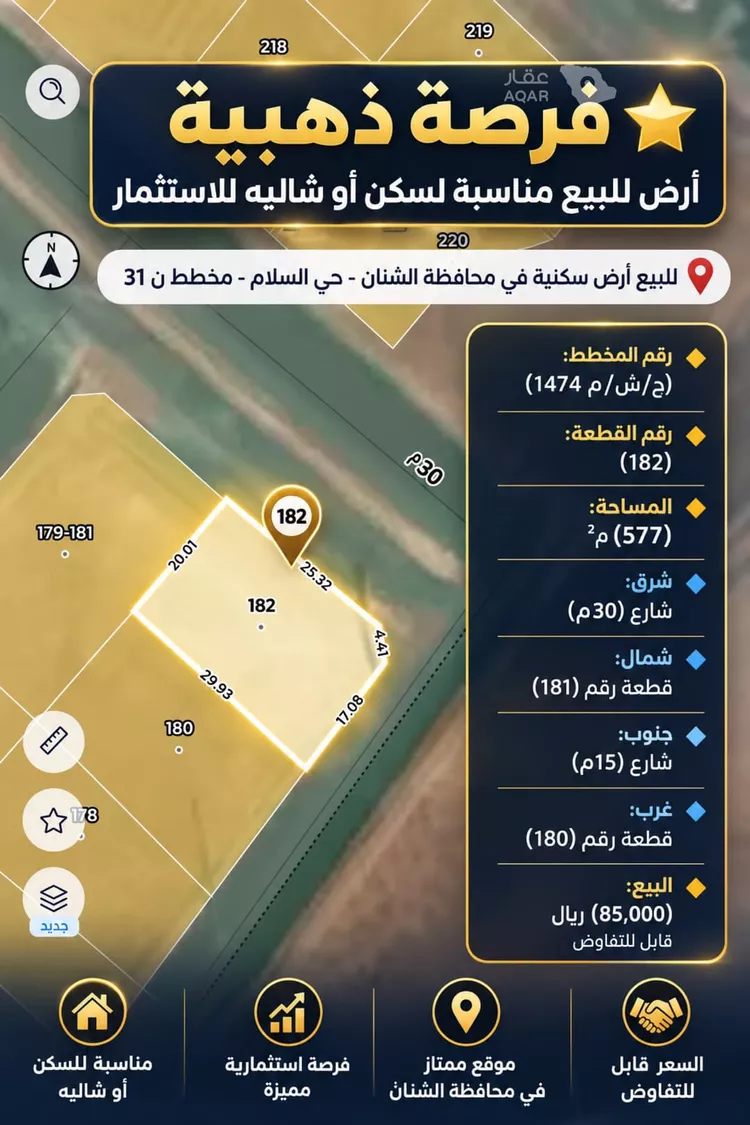 أرض للبيع في شارع الاحنف ابن قيس, حي السلام, مدينة الشنان, منطقة حائل