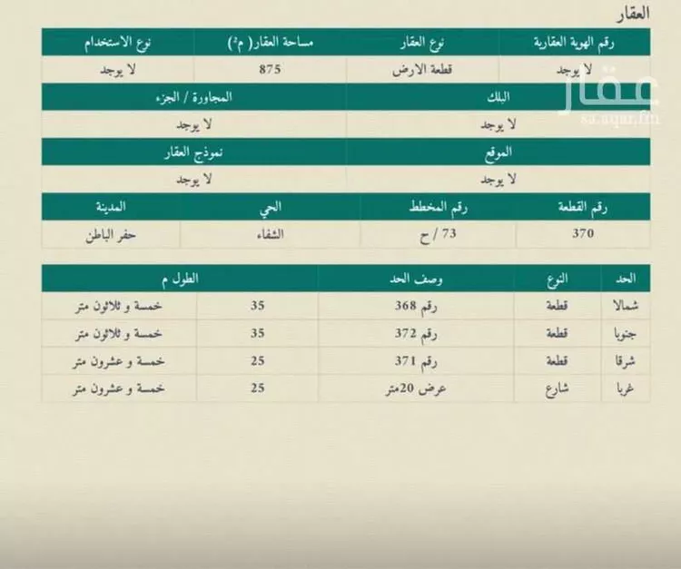 أرض للبيع في شارع الشفا 96, حي الشفاء, مدينة حفر الباطن, المنطقة الشرقية