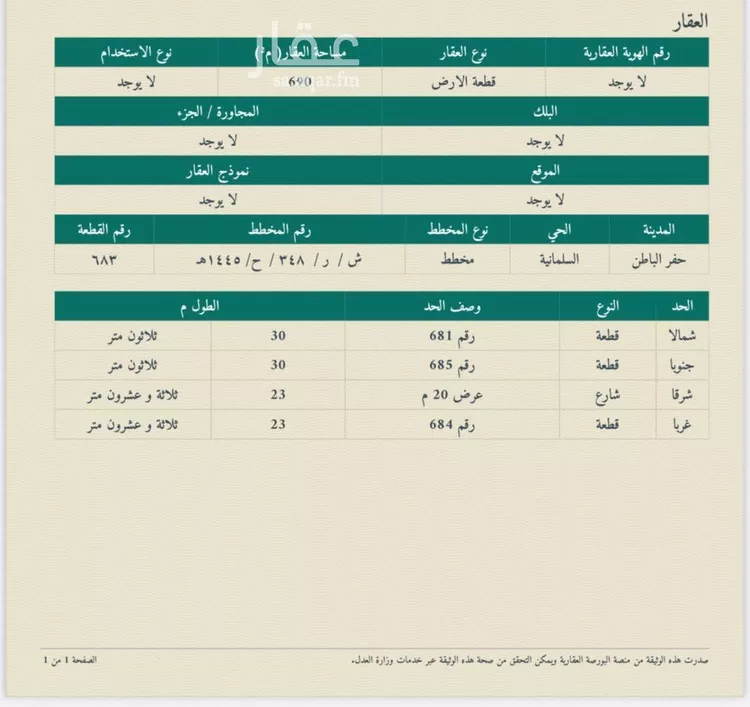 أرض للبيع في شارع السلمانية 67, حي حي هجرة السليمانية, مدينة حفر الباطن, المنطقة الشرقية