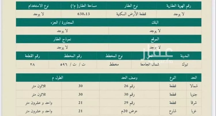 أرض للبيع في شارع شا رع 20, حي الجامعة, مدينة تبوك, منطقة تبوك
