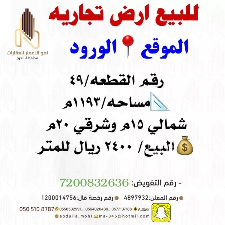 أرض للبيع في شارع الامير نايف بن عبدالعزيز, حي الورود, مدينة الخرج, منطقة الرياض