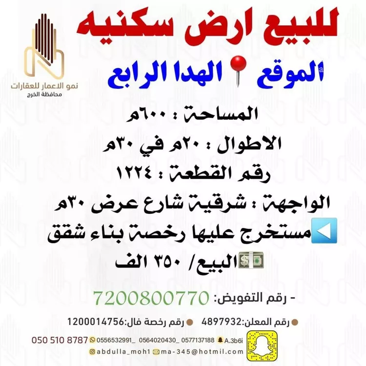 أرض للبيع في شارع احمد بن عمر اليمني, حي مشرف, مدينة الخرج, منطقة الرياض