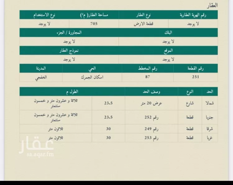أرض للبيع في شارع داخلي , حي مخطط 87, مدينة الخفجي, المنطقة الشرقية صورة 2