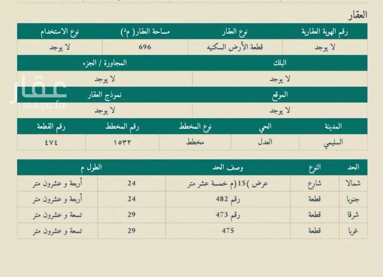 أرض للبيع في شارع داخلي , حي العدل, مدينة السليمي, منطقة حائل صورة 4