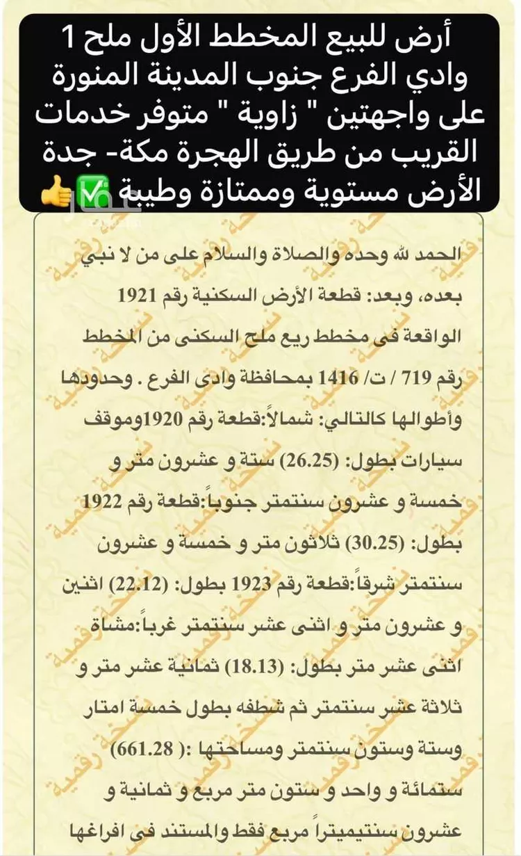 أرض للبيع في حي مخطط وادي  الفرع, مدينة وادي  الفرع, منطقة المدينة المنورة صورة 2