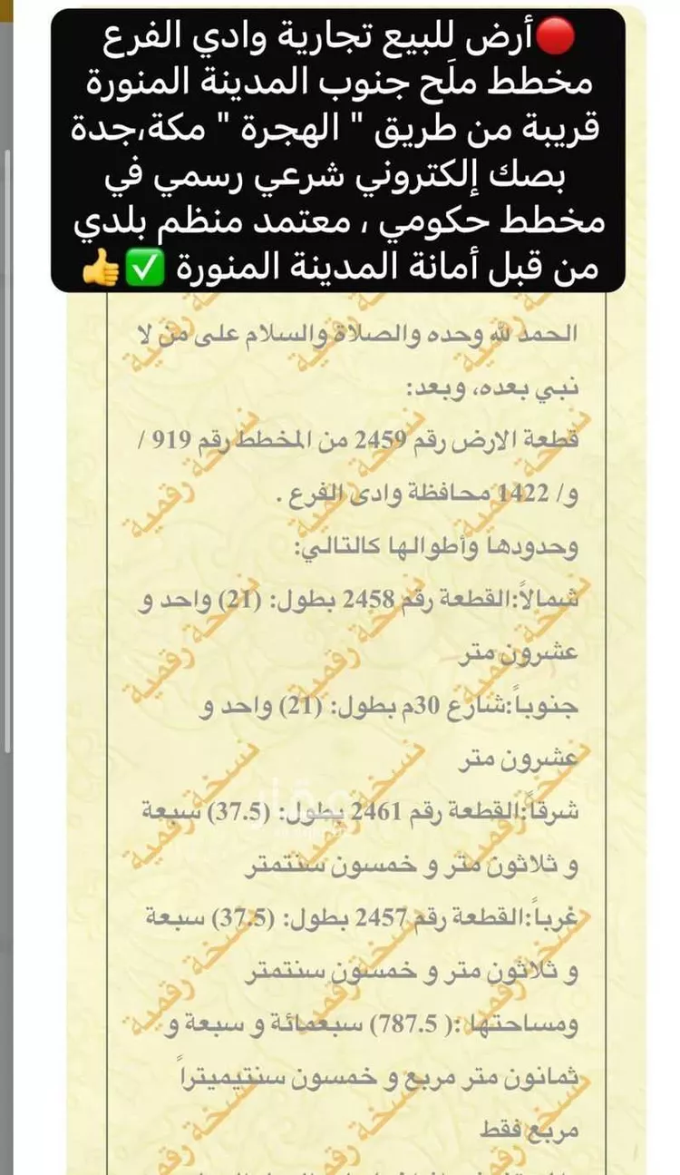 أرض للبيع في حي مخطط وادي  الفرع, مدينة وادي  الفرع, منطقة المدينة المنورة صورة 5