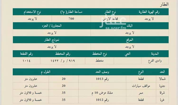 أرض للبيع في شارع مواقف, حي مخطط وادي  الفرع, مدينة وادي  الفرع, منطقة المدينة المنورة